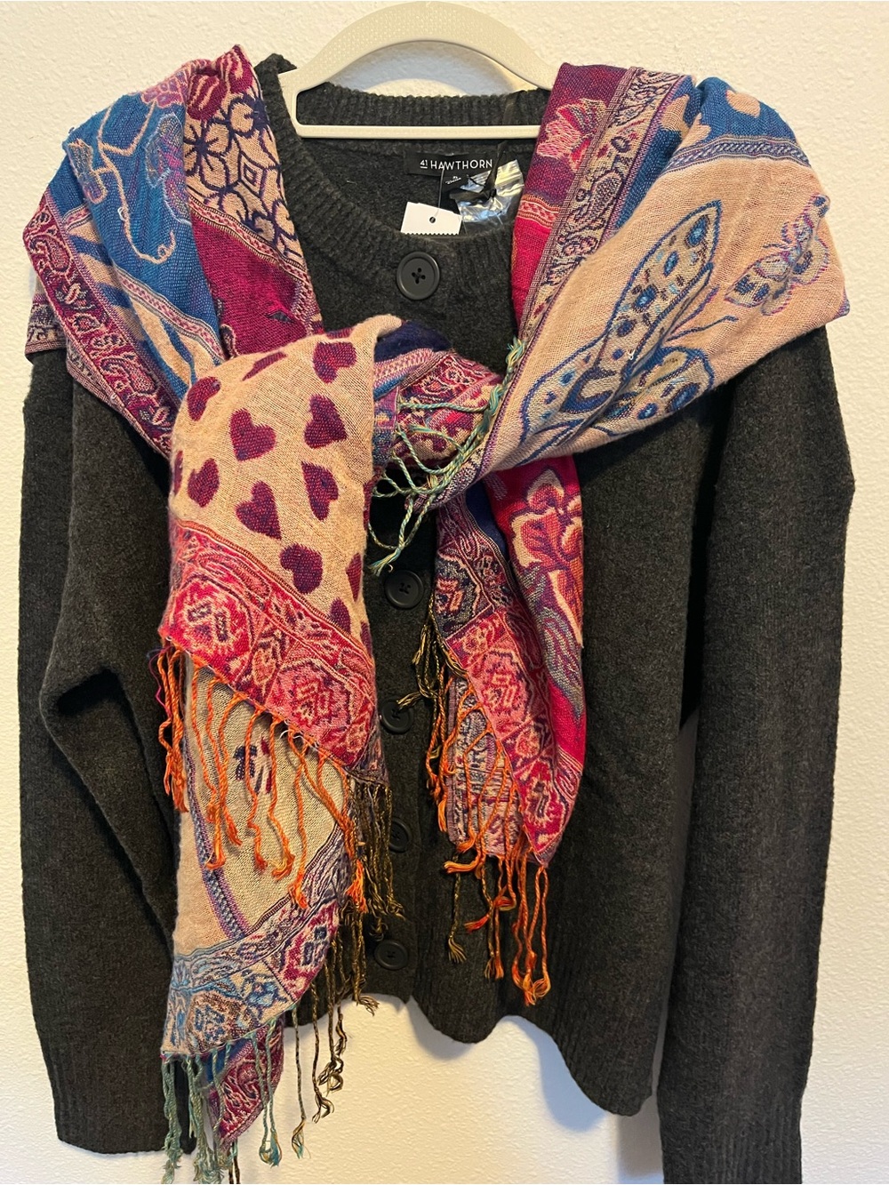 Multicolor Patterned Fringe Wrap Scarf - Pink & Blue Accents
